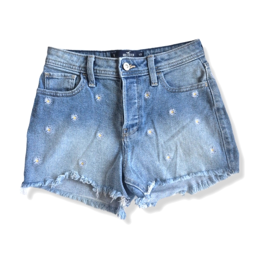 Hollister Jean Shorts Blue Denim Daisy Embroidered High Rise Button Fly Size 0